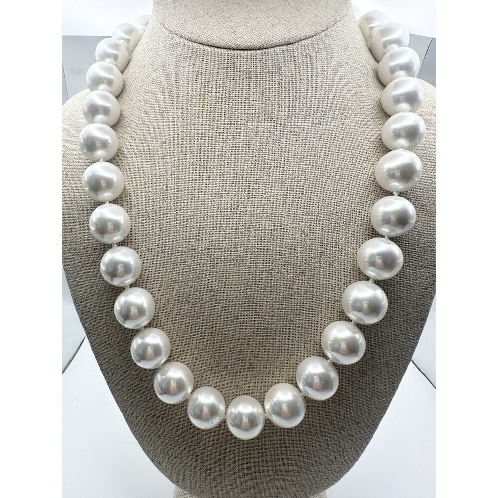 16mm Designer Glass Faux Pearl Necklace Sterling Silver Magnetic Closure 20”